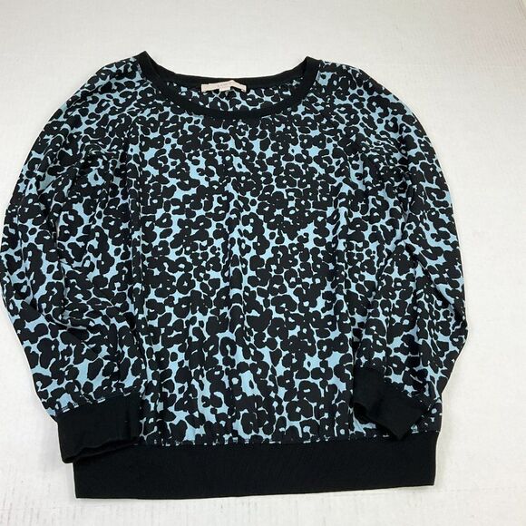 LOFT Womens Animal Print Blouse Blue Black Scoop Neck Pullover Top Long Sleeve S - Picture 2 of 12